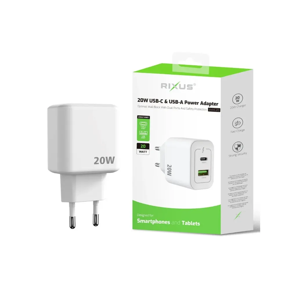 [RXHC20] Rixus RXHC20 Schnellladegerät mit USB-C und USB-A, 20 W, Weiss