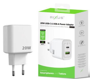 20W POWER ADAPTOR USB TYPE-C & USB-A Rixus 